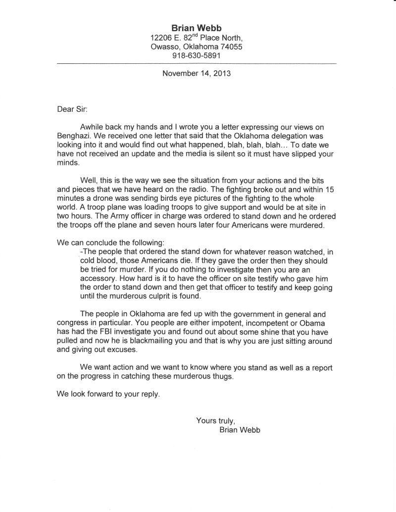 Letter to Senate in Oklahoma by Butch Webb
