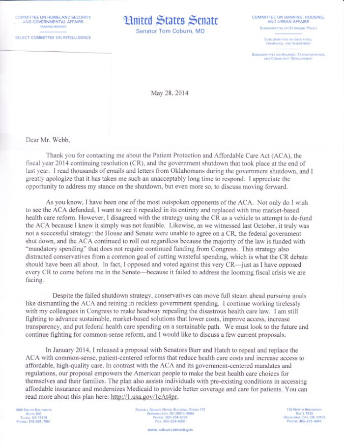 Sen. Coburn letter to Butch Webb