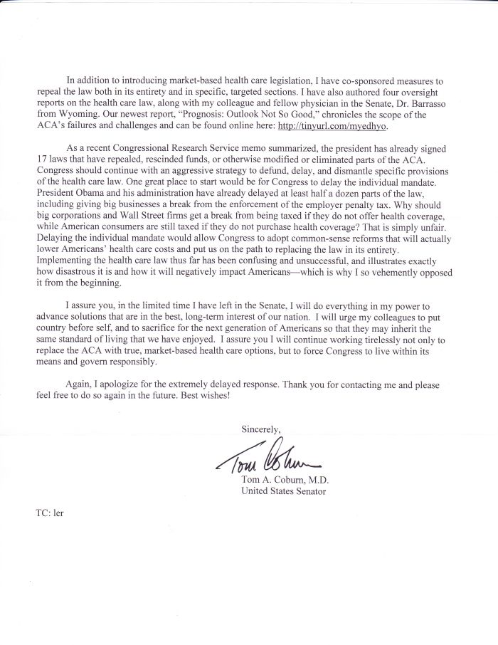 Sen. Coburn letter to Butch Webb, page 2